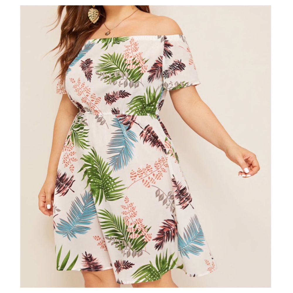 ➕Off-Shoulder Jungle Leaf Dress - Picture 5 of 6